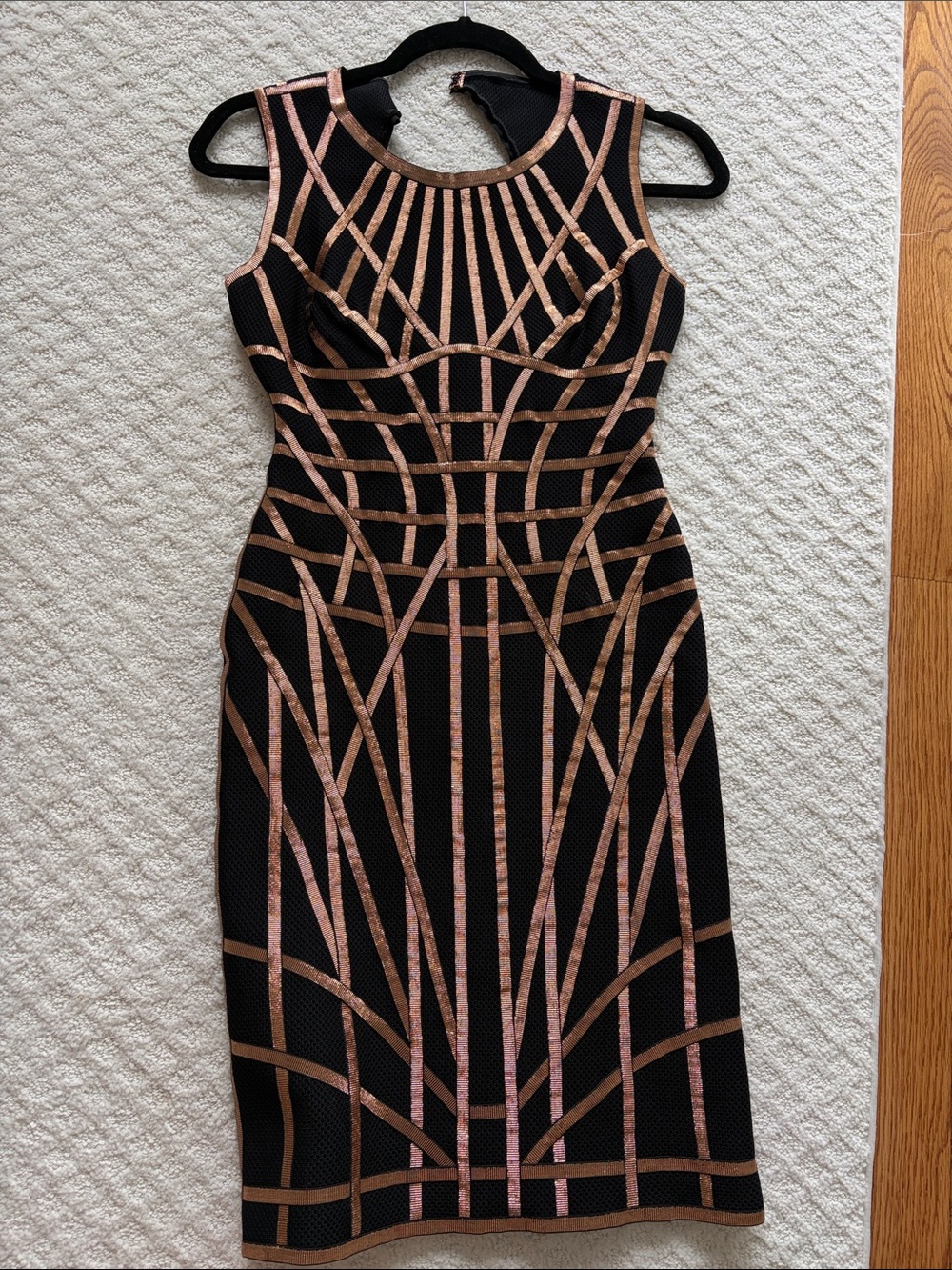 Herve Leger Black Bodycon Dress with Rose Gold Geometric Trim